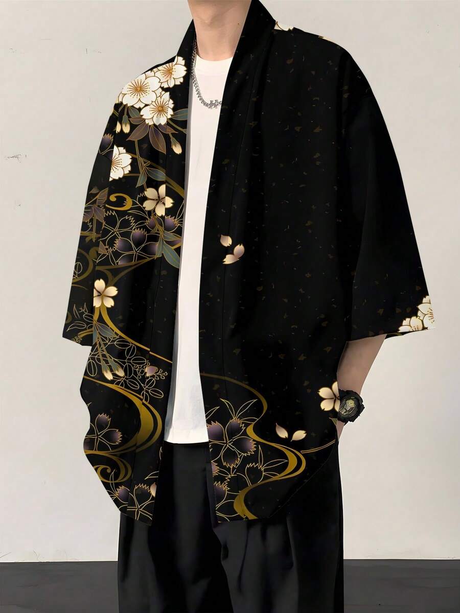 Premium Chinese Style Black-Gold Cherry Blossom Print Men's Loose Kimono Cardigan - Multicolor - View 1