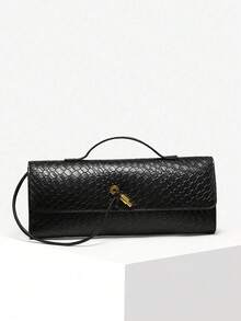 Women's Retro Minimalist Faux Woven Texture Angora Red Vintage Flap Lock Large Capacity Clutch Handbag, Shoulder Bag For Parties, Outings And Daily Use - 黑色 - 查看 1