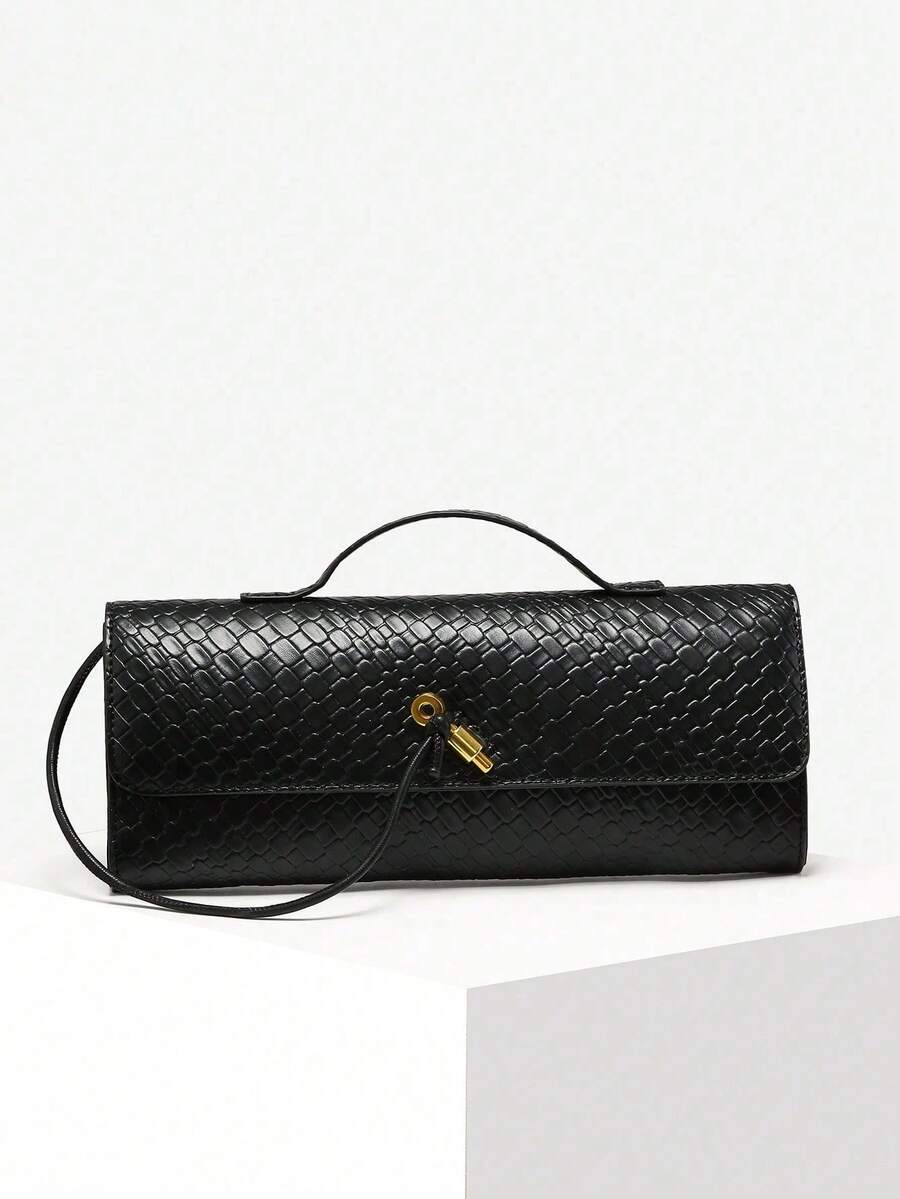 Women's Retro Minimalist Faux Woven Texture Angora Red Vintage Flap Lock Large Capacity Clutch Handbag, Shoulder Bag For Parties, Outings And Daily Use - 黑色 - 查看 1
