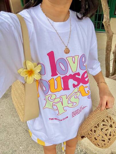 Camiseta suelta con estampado gráfico de mercado de alimentos orgánicos en naranja para mujer, parte superior casual suave y transpirable de manga corta, estética retro Y2K para verano, fiesta en la playa, uso diario