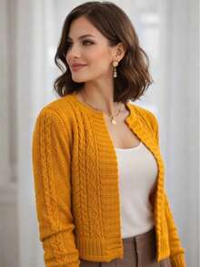 Women's Winter Knit Coat, Open-Knit, No Buttons, Braided Sleeve Detail, Short Cardigan. - Màu Mù tạt vàng - Xem 2