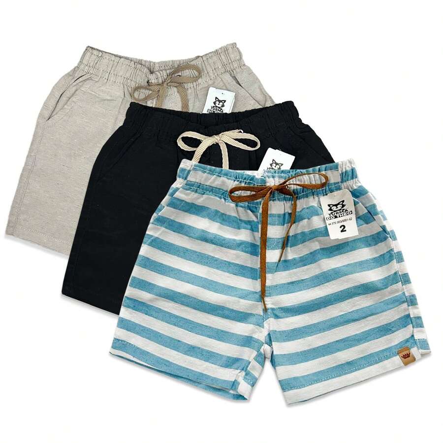 Set Of 3 Premium Linen Shorts For Children And Teens, Bermuda Style, Sizes 2-16 - Baby Blue - View 1
