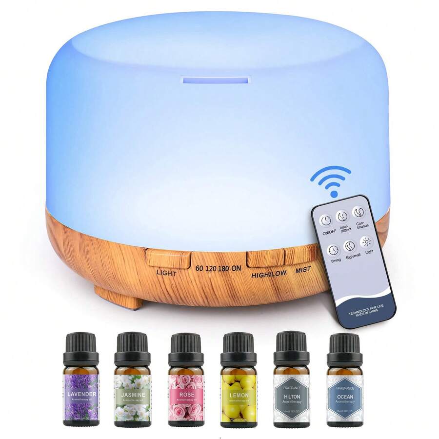 1pc 500ml 5V 2A USB Powered Essential Oil Diffuser SQ5, Includes 6pcs Essential Oil Set, With Auto Shut-Off (Low Water), 7 Color Lights, Remote Control, Suitable For Home, Office, SPA
