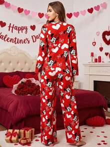 Disney 2pcs Women's Red Valentine's Day Pajama Set, Comfortable Home Wear, Soft Fabric - Red - View 3