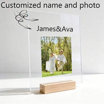 Customized Acrylic Photo Frame - Personalized Name And Photo Desktop Plaque With Wooden Base, Romantic Gift For Couples, Personalized Acrylic Photo Plaque With Wooden Stand, Customized Name And Photo Desktop Decor, Perfect Gift For Couples And Families