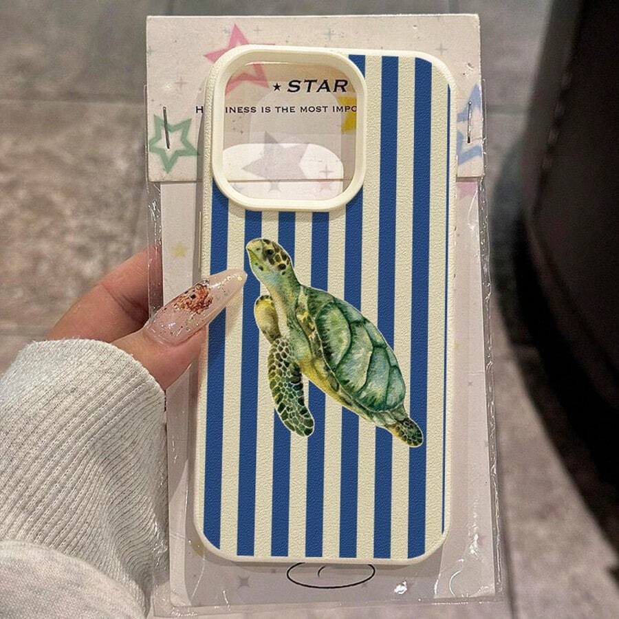 1pc TPU Material Deep Blue White Striped Green Sea Turtle Pattern Phone Case Suitable Compatible With Apple 17 Pro Max/17/16 Pro Max/15/13/12/11, S20 FE/A15/S24/A55, Note 11/Note 12/Note 13 Pro, Full Coverage Anti-Drop Soft Protective Phone Case - White - View 1