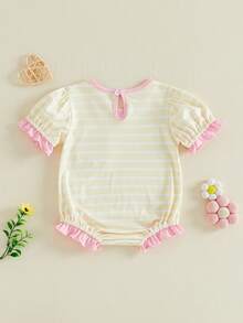 Mono de Bebé Niña a Rayas con Volantes, Manga Corta, Cuello Redondo, Ropa Casual de Verano y Primavera - Amarillo - Ver 2