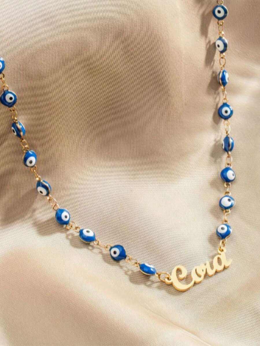 Customized Blue Eyes Name Necklace Personalized Fashion Devil's Eye Name Necklace Stainless Steel Simple Amulet Necklace Gifts To Her Women Popular Jewelry Language English Only - Multicolor - View 1