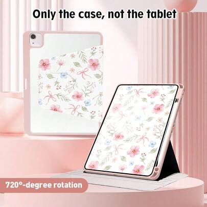 غطاء واقي لوحي بنمط الزهور والفيونكة الوردية، مع فتحة للقلم، حامل دوار 720 درجة، غلاف جلد اصطناعي مع وظيفة النوم/الاستيقاظ التلقائي، مناسب لأجهزة هواوي وأونر وأبل واللوحيات، مناسب للعودة إلى المدرسة وعيد الحب
