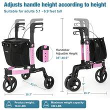 IsEasy 3 Wheel Rollator Walker, Walkers For Seniors, Rollator Walker Lightweight Foldable, With Tray And Large Storage Bag, 10 Inch Front Wheel For All Terrain, Pink - Xem 5
