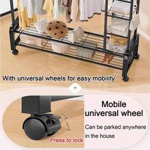Heavy Duty Clothes Rail - Freestanding Metal Garment Rack With Double Hanging Rods, Shoe Rack & Storage Shelves, 4 Hooks For Bedroom, Office, Shop - A - Ver 6