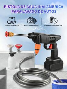 pistola hidro lavadora a precion recargable con accion eswpumadora y aspersor bateria de 48v con bote para jabo espumador boquillas tipo aspersor para el mejor lavado pa automobil,patio - Negro - Ver 2