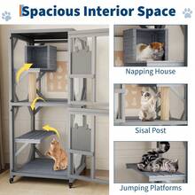 Catio al aire libre de 4 niveles con ruedas, 30 "L * 30" W * 68 "H Caja de gato montada en ventana con poste de rascados, techo a prueba de intemperie y 2 puertas deslizantes, playpen de gato de mader - Gris - Ver 4