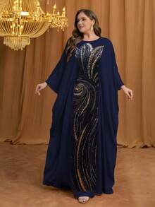 [Random Cut] Plus Size Women's Round Neck Batwing Sleeve Long Luxury High-End Elegant Sequin Patchwork Matte Satin Shawl Dress [With Waist Belt] Fall - Royal Blue - View 4
