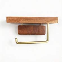 Modern Luxury Wooden Toilet Paper Holder With Storage Shelf, Gold Metal Hook, Wall-Mounted Bathroom Tissue Roll Dispenser - C-Gold - View 8