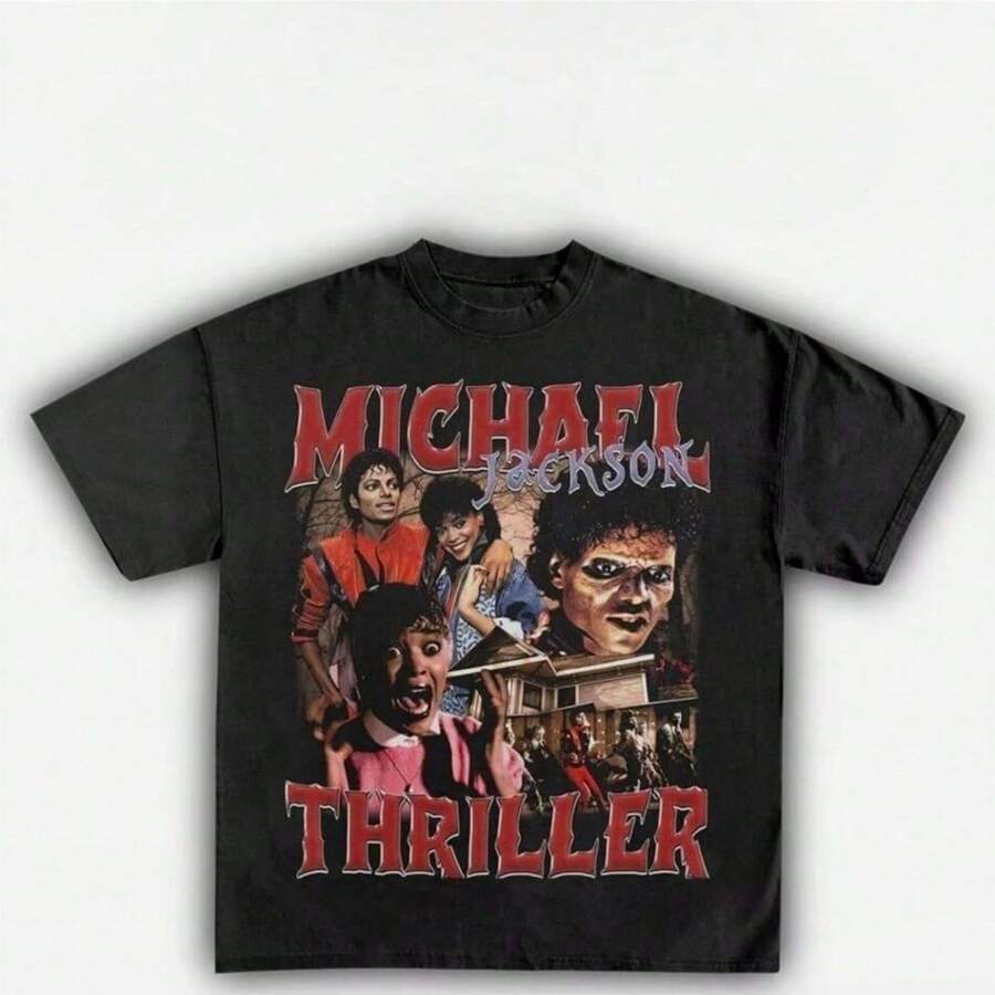 American Michael Jacksons Dance Rock Rap Loose High Street High-Quality Mens T-Shirts Womens Couple Styles Loose Casual - 黑色 - 查看 1