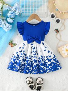 夏季女婴休闲可爱罗纹拼接蝴蝶印花短袖连衣裙 - 藍色 - 查看 1