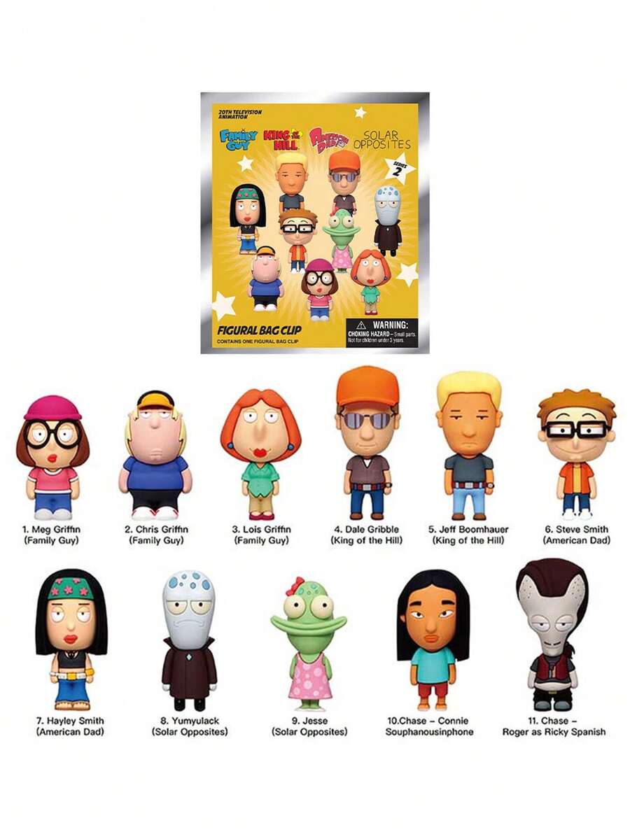 Disney 1个官方授权3D可爱娃娃盲盒，包含《恶搞之家》梅格·格里芬、克里斯·格里芬、洛伊斯·格里芬、《山丘之王》戴尔·格里布尔、杰夫·布姆豪尔、史蒂夫·史密斯、海莉·史密斯、尤米拉克·杰西等角色，适合周年纪念、生日、圣诞节、万圣节等场合，可作为惊喜礼物或送给亲朋好友的惊喜包。另有《美国老爹》和《太阳系异客》等角色可选。 - 彩色 - 查看 1