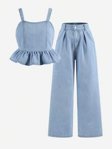 2件套女童户外休闲可爱荷叶边吊带背心和复古水洗直筒牛仔裤套装 - 淺色水洗藍 - 查看 2