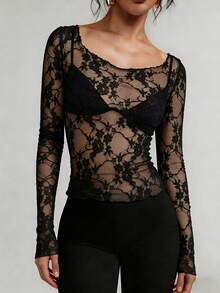 Áo lót dài tay cổ cao ren xuyên thấu mới năm 2026, thích hợp cho mùa xuân, hè, thu, ngày lễ tình nhân. Màu đen. - màu đen - View 7