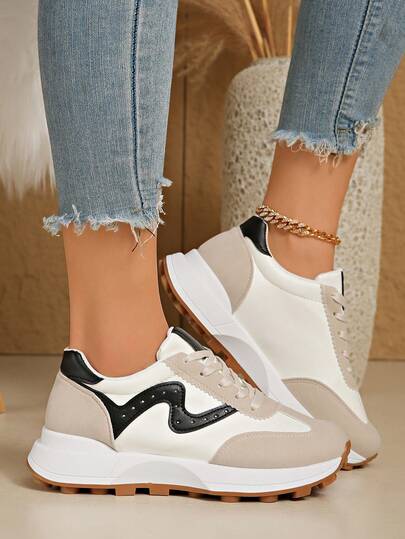 Women's Spring/Autumn White Low-Top Sneakers, Lightweight Non-Slip Low Heel Round Toe Breathable Lace-Up Casual Outdoor Sports Shoes, Comfortable Lace-Up Athletic Shoes - Lightweight Multi-Purpose Casual Shoes, Suitable For All Seasons Non-Slip Rubber Sole