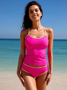 2026 New Women's Sexy Fashion Hot Pink & Yellow Triangle Trim Two-Piece Swimsuit For Vacation & Leisure - 粉色 - 查看 1