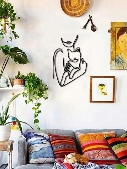 HELLOYOUNG 1幅优雅简约铁丝线条艺术装饰画 - 女子抱猫，适用于办公室、家居、客厅、卧室、阳台、厨房、庭院、商店、咖啡馆、舞厅、酒吧、乡村和农舍风格。是乔迁、节日或生日的理想礼物，也是音乐爱好者的收藏佳品。适用于室内装饰、花园装饰、婚礼装饰和家居装饰。