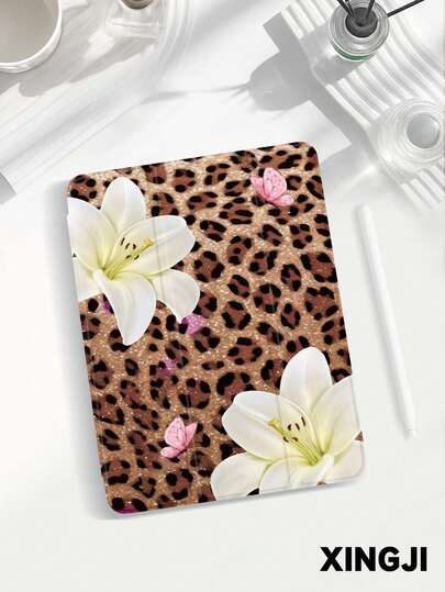 1个豹纹百合花纹平板电脑保护套，兼容10.2英寸（第十代）/（A16）11英寸（第十一代，2025款）、Pro 11英寸（2021/2020款）、Galaxy Tab A8 10.5英寸（2022款）、Matepad 10.4/Tab，带笔槽，防摔，平板电脑支架，自动休眠/唤醒功能。