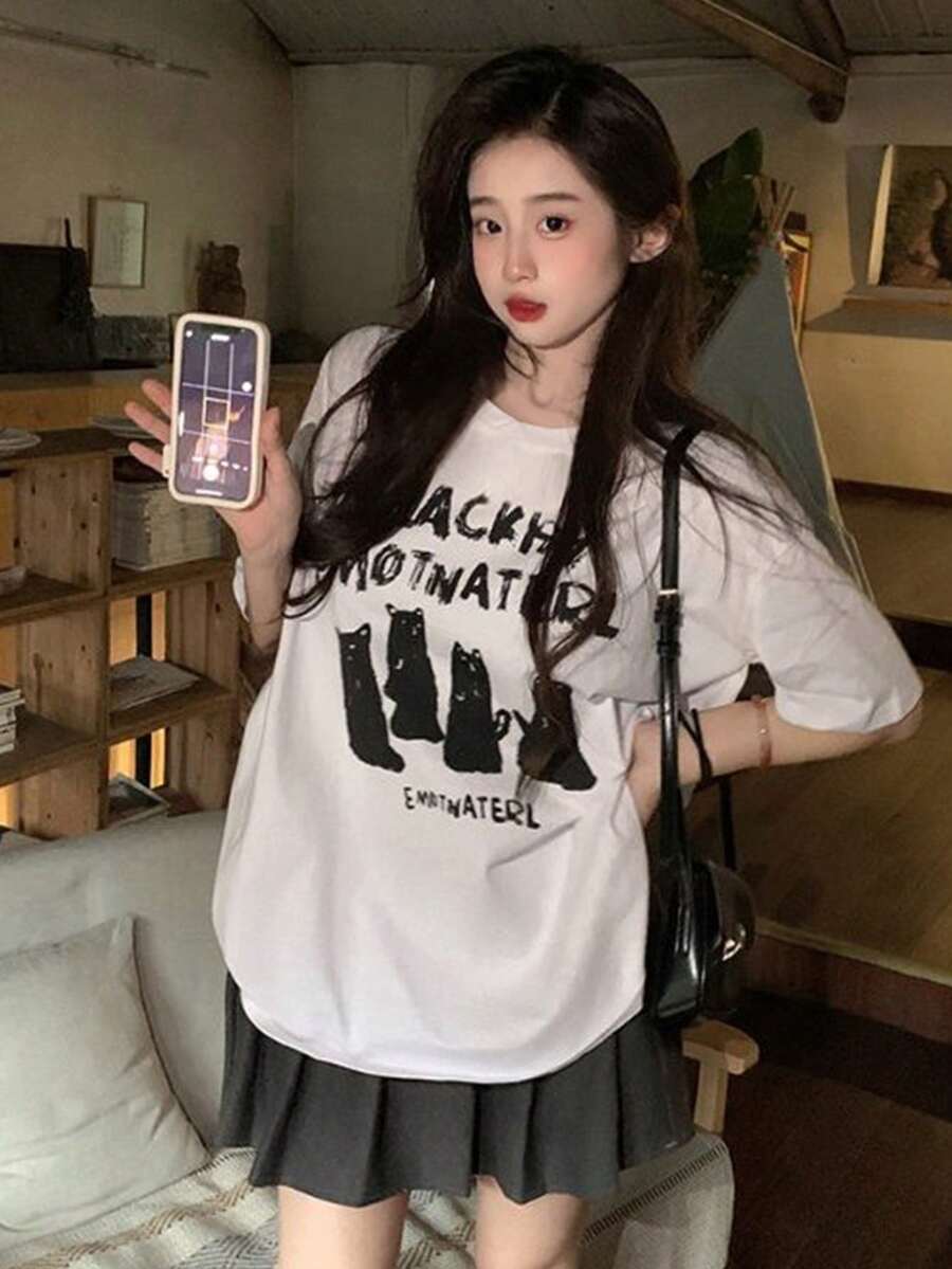 Áo thun nữ cổ tròn tay ngắn, họa tiết mèo hoạt hình và chữ in mới mùa hè, kiểu dáng thời trang thường ngày, rộng rãi, đa năng. - trắng - Xem 1