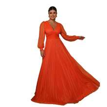 Elegant Women's Long Dress With Long Sleeves And Pleats, Suitable For Bridesmaids, Bridesmaids, Mothers Of The Bride, Groomsmen, Weddings, Graduations, And Evangelical Fashion. - 橘色 - 查看 5