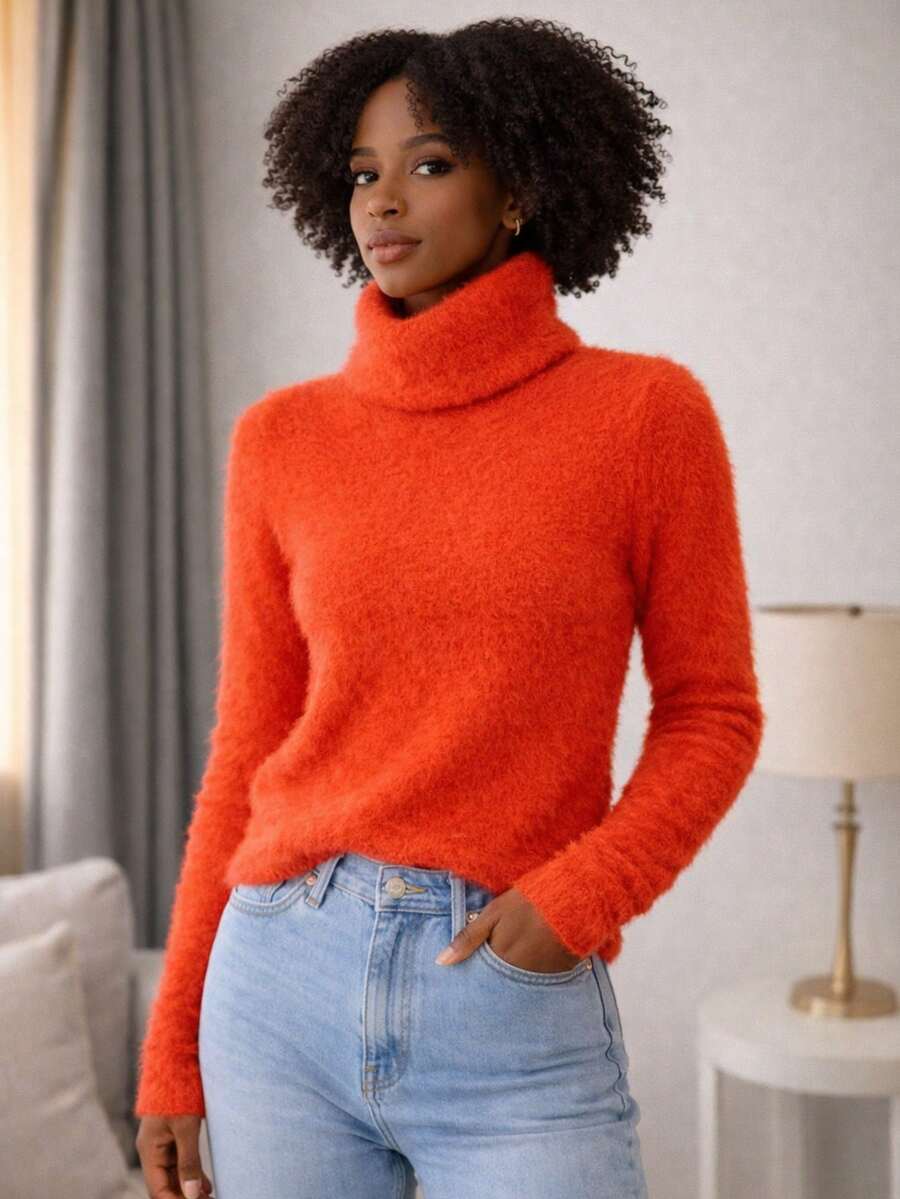 Furry Spotted Turtleneck Rabbit Wool Blouse – Soft, Elegant And Comfortable Rabbit Wool Turtleneck Blouse | Sophistication And Comfort - Orange - View 1