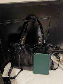 New Classic Multi-Purpose Commuter Solid Color Large Capacity Retro PU Leather Shoulder Bag Handbag Wallet, Zipper Closure Women's Bag, Suitable For Shopping Travel - Black - View 6