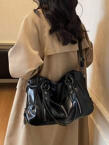 New Classic Multi-Purpose Commuter Solid Color Large Capacity Retro PU Leather Shoulder Bag Handbag Wallet, Zipper Closure Women's Bag, Suitable For Shopping Travel - Black - View 8