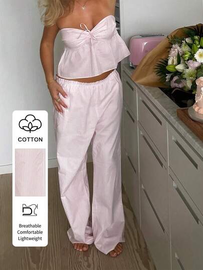 Women's Summer Pink Stripe Cotton Two Pieces Sexy Y2K Smokey Tank Top And Loose Straight Wide Leg Pant Suit For Casual Commuting Vacation