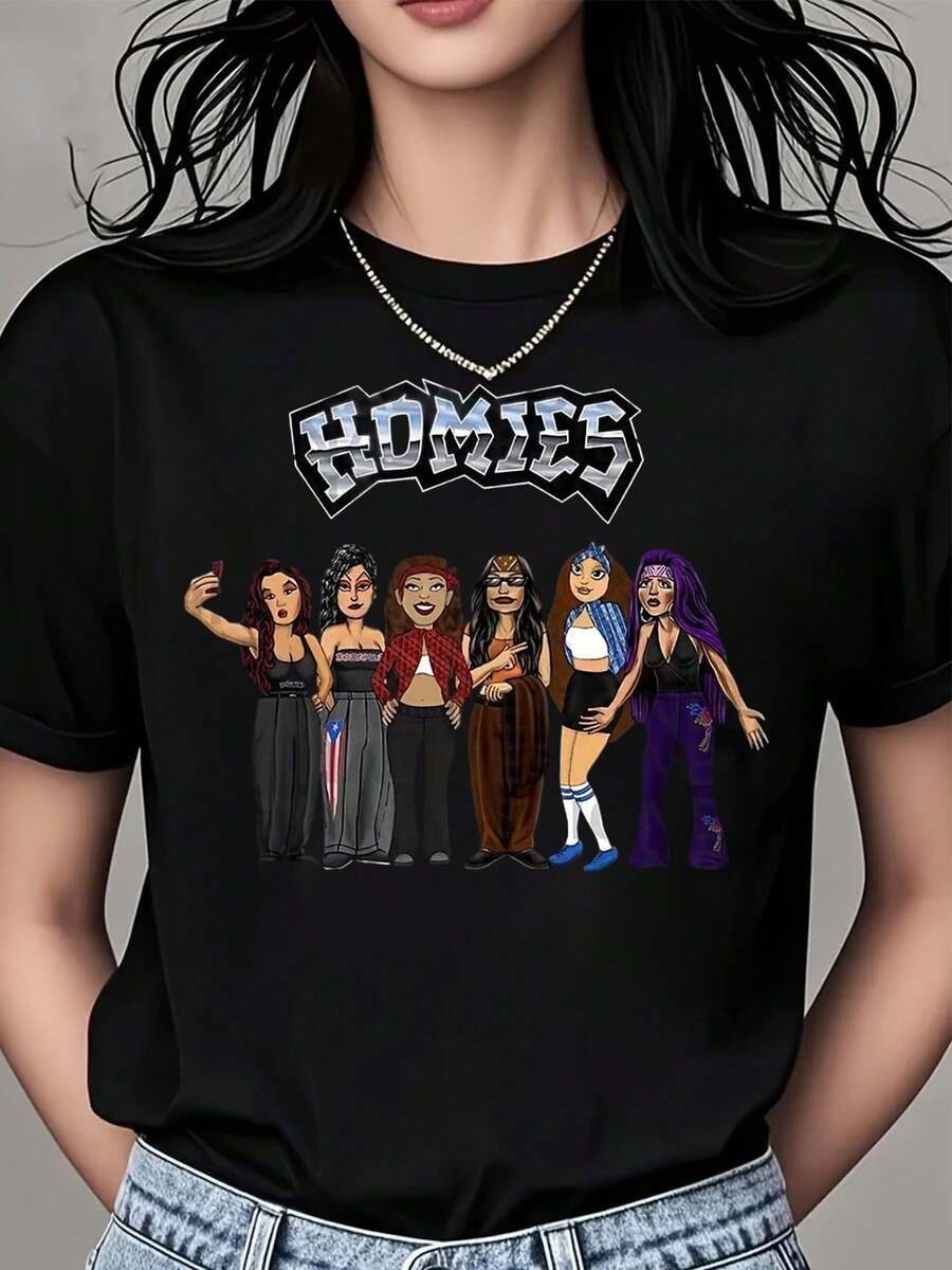 Homies Women Cartoon Characters T-Shirt Black Crewneck Graphic Tee For Fans Of Pop Culture And Streetwear Fashion  Casual Wear For Everyday Outfits And Gift Ideas - Black - View 1
