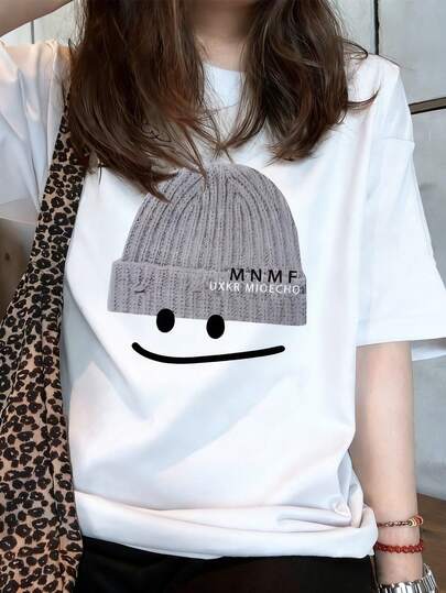 Women's Round-Neck Short-Sleeve T-Shirt, New Summer Cartoon Hat Pattern With Letter Print, Fashionable Casual Versatile Loose Top
