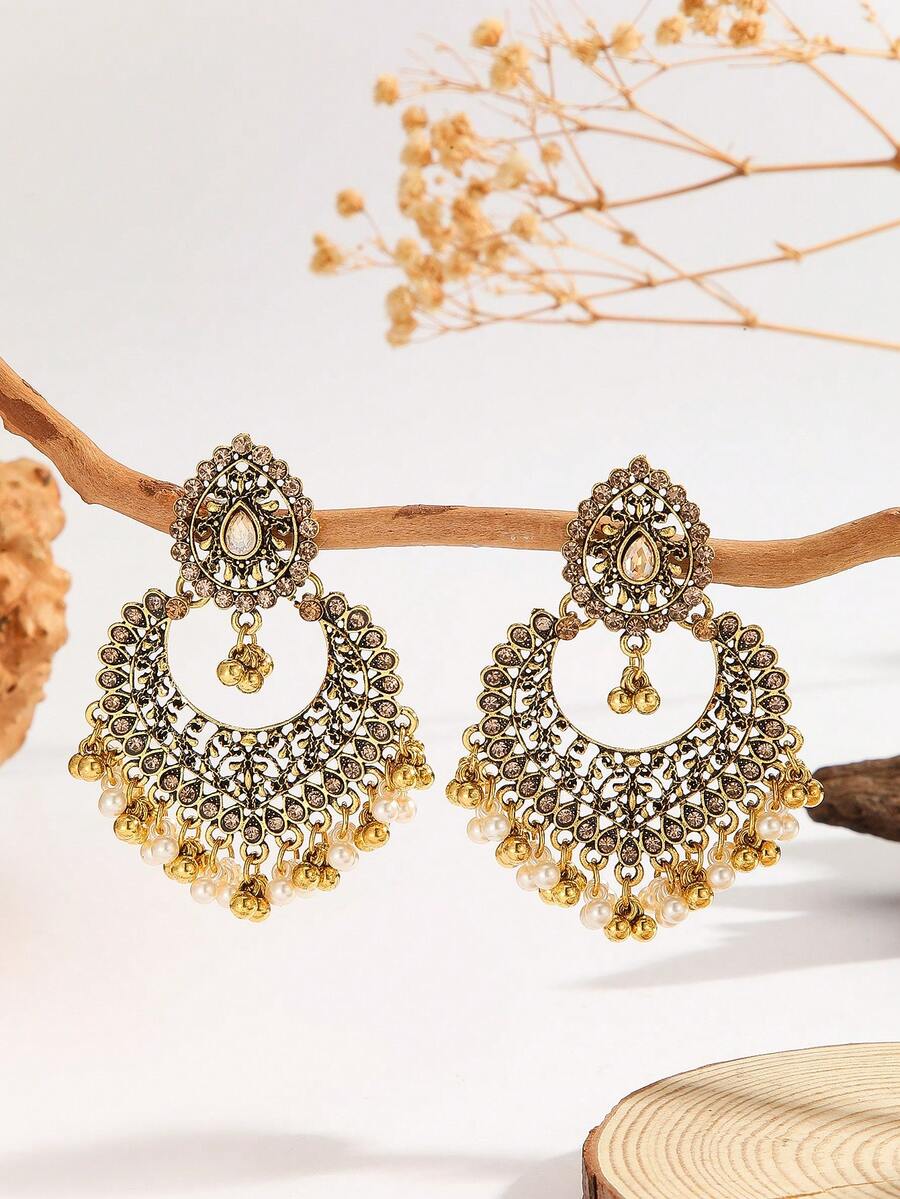 一对波西米亚风优雅水钻镂空新月流苏耳环，适合女性和女孩日常、节日、婚礼和派对佩戴/珠宝礼物 - 經典的 - 查看 1