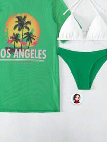 3pcs Women's Summer Spaghetti Strap Cover-Up, Bikini Swimwear Set Vacation - Green - View 6