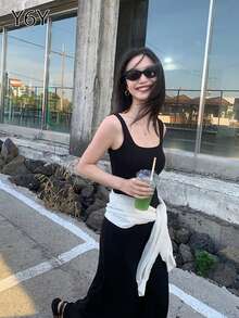 [Y6Y] Women's Sleeveless Square Neck A-Line Thick Strap Dress, Spring/Summer French Casual Elegant Waist Slimming Dress - Black - View 4