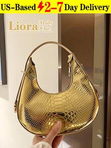 [US-Based Shipping]1pc Crocodile Embossed Gold Crescent Shaped Bag, Metal Lock Closure, PU Leather Zipper Elegant Handbag/Shoulder Bag For Women, Suitable For Daily Use, Shopping, Dating, Party , Gold Bag,Crossbody Bags For Women,Bags For Women,Clutch Purse For Women,Bolsos De Mujer Elegantes,Handbags For Women,Carteras De Mujer Elegantes,Travel Essential - 金色 - 查看 1