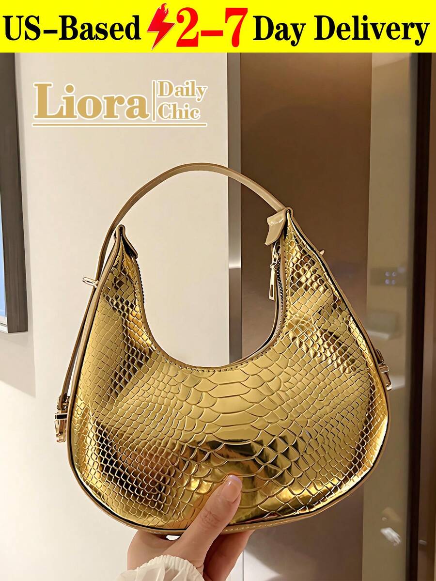 [US-Based Shipping]1pc Crocodile Embossed Gold Crescent Shaped Bag, Metal Lock Closure, PU Leather Zipper Elegant Handbag/Shoulder Bag For Women, Suitable For Daily Use, Shopping, Dating, Party , Gold Bag,Crossbody Bags For Women,Bags For Women,Clutch Purse For Women,Bolsos De Mujer Elegantes,Handbags For Women,Carteras De Mujer Elegantes,Travel Essential - 金色 - 查看 1