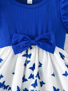 夏季女婴休闲可爱罗纹拼接蝴蝶印花短袖连衣裙 - 藍色 - 查看 6