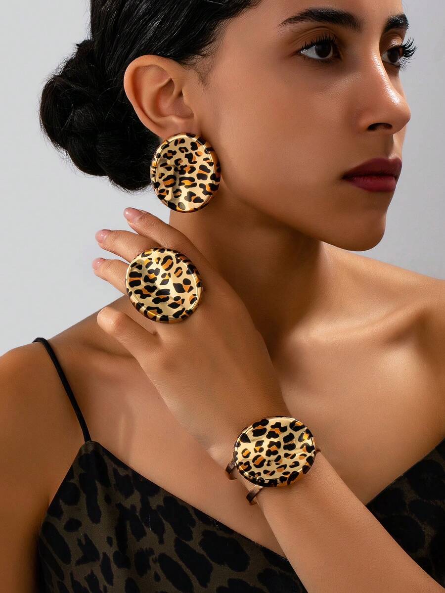 Conjunto de joyas de estilo bohemio con aretes, pulsera y anillo con estampado geométrico ovalado de leopardo, adecuado para uso diario y vacaciones - oval - Ver 1