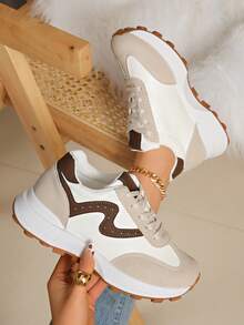女士春秋季白色低帮运动鞋，轻便防滑低跟圆头透气系带休闲户外运动鞋，舒适系带运动鞋 - 轻便多功能休闲鞋，适合所有季节，防滑橡胶鞋底 - 白咖 - 查看 2