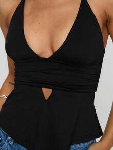 Women's Halter Top Deep V Backless Ruched Cutout Asymmetrical Hem Crop Top For Summer Party Night Out - 黑色 - 查看 4