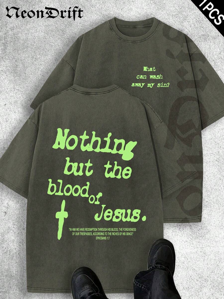 Y2K,Vintage Shirts Men Style "NOTHING BUT THE BLOOD OF JESUS" Print Washed Thickened Cotton T-Shirt - Creative Design, Unisex Casual Street Style, Surprise Gift, One Retro Washed 230g Top, Thickened Pure Cotton Material - 橄欖綠 - 查看 1