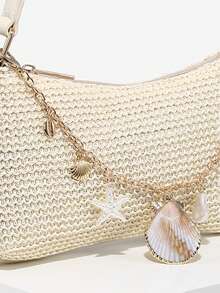 1 chiếc túi đeo chéo nữ kiểu cổ điển họa tiết sinh vật biển, đính ngọc trai giả, đuôi lông giả màu anh đào, thích hợp cho hẹn hò, đi chơi, du lịch. - Màu be - Xem 3