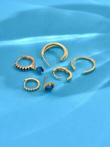 6pcs/Set Elegant Navy Blue Zirconia Earring Set, Suitable For Party, Holiday, Date Or Wedding - Yellow Gold - View 3