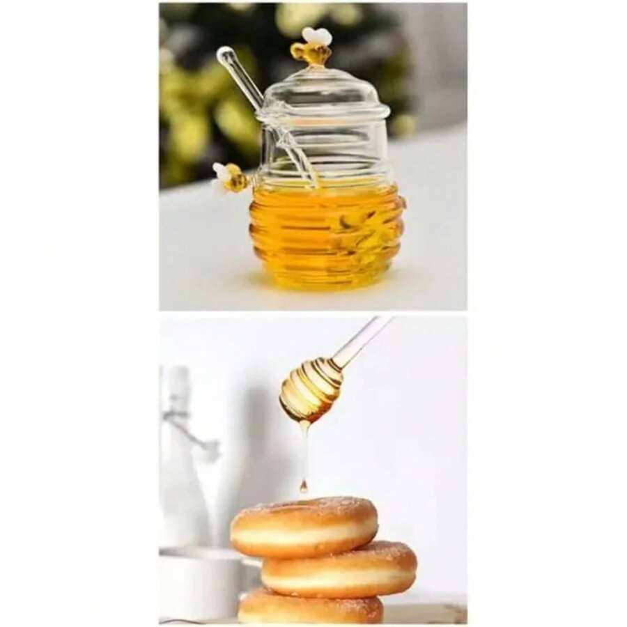 Honey Jar With Dipper,Lid And Bee Decoration Beautiful Honey Shaped Glass Honey Pot For Home Kitchen And Decoration - lau dọn - Xem 1
