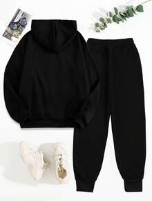 Conjunto de Sudadera con Capucha y Pantalones Deportivos para Mujer Estilo Casual Moda Primavera Verano Invierno Otoño Diseño LOVE Corazones Rayas Animales Letras Colorido Suave Cómodo Transpirable pa - Negro - Ver 3